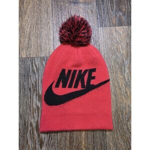 Nike Youth Beanie Hat Red Black Oversized Swoosh Pom Pom Knit Winter Cap